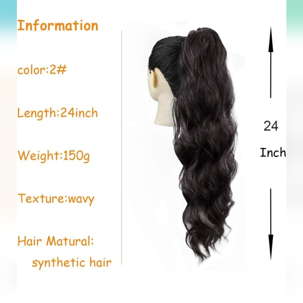 24" Natural Black Wave Ponytail hair Extension Synthetic Wrap Wavy Bobby Pins